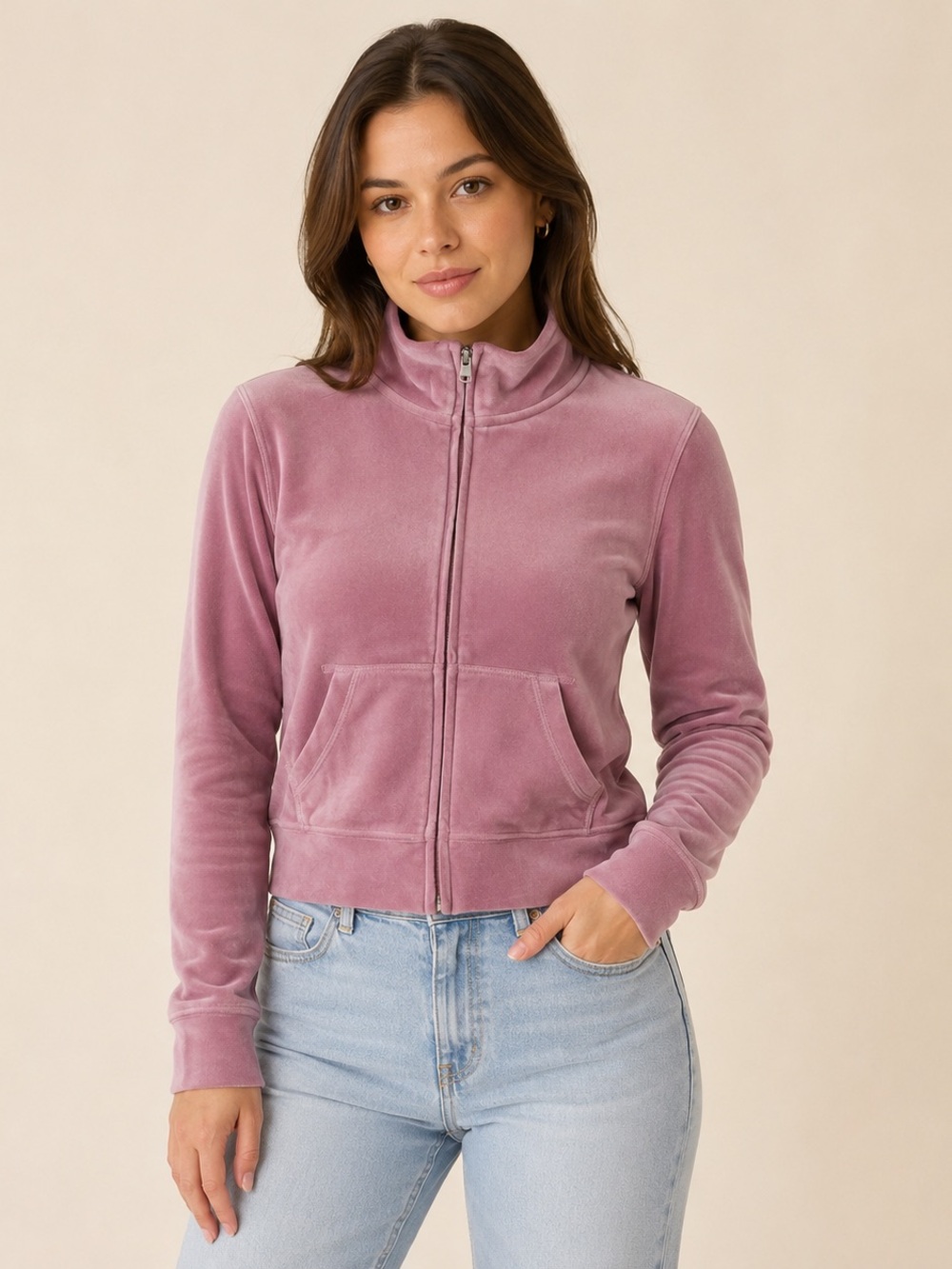 🌸✨ Hollister Dusty Pink Velour Zip-Up Jacket Women’s Small Y2K Track Jacket